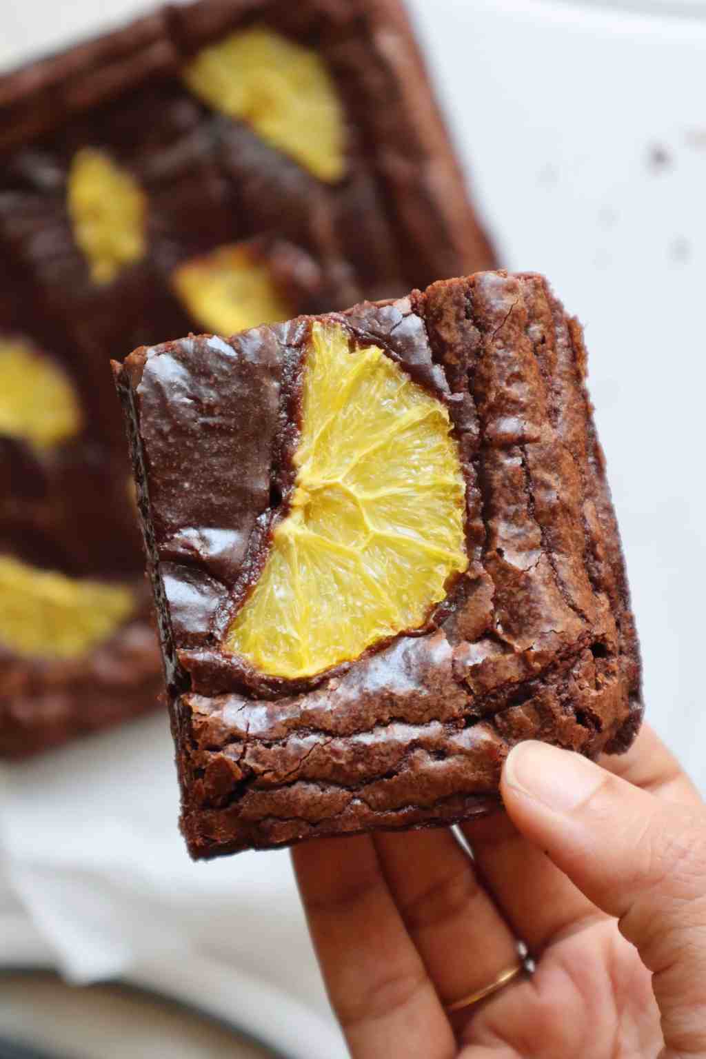 Eggless Chocolate Orange Brownies (with shiny crackled top)